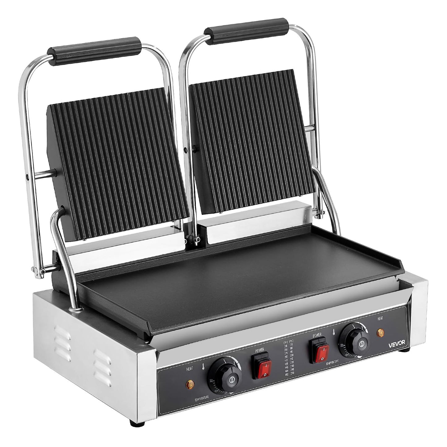 VEVOR Commercial Panini Grill, 3600W Electric Sandwich Panini Maker, Stainless Steel Double Sandwichs Press Grill with Handle and Temp Control, 19x9 in Flat Enamel Plate for Hamburger Steak Bacon