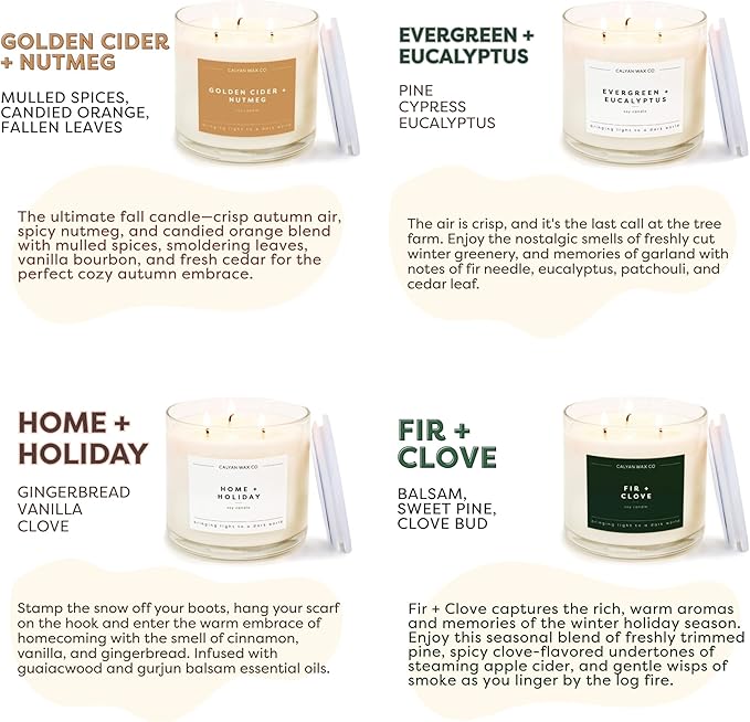 Calyan Wax Co. Holiday 3 Wick Scented Candle Gift Set - 4 Luxury Winter Scented Candles - 43 Hour Burn - 3 Wick Non Toxic Soy Wax Candles - Long Lasting Large Glass Jar Candle for Home - 14.9oz