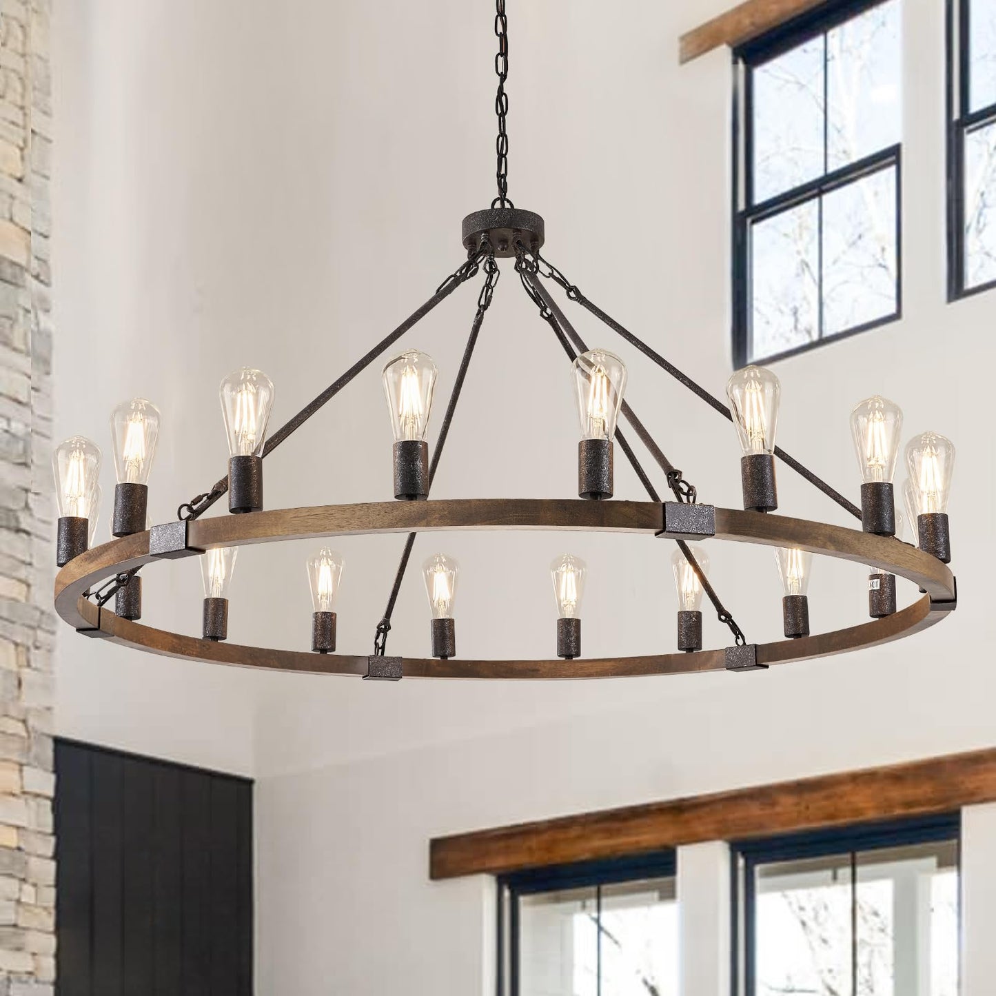 Benkut Farmhouse Wagon Wheel Chandelier 47" Black Rustic Light Fixtures 18-Light Wood Round Chandelier for Foyer Living Room Entryway Dining Room