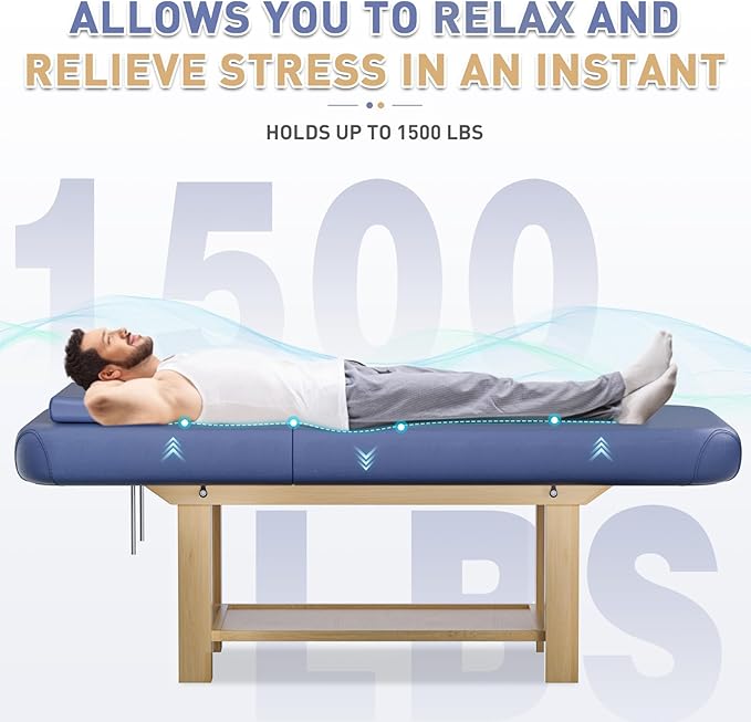 Massage Table 28IN Wide with Hight Adjustable Backrest for Treatment, Blue Leather Professional Spa Bed Load1500 LBS, Spa Table with Storage for Footmassage Facial CareSpa Tattoo