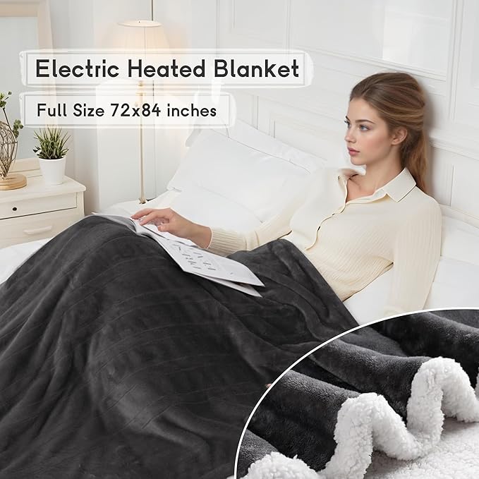 Heated Blanket Electric Blanket Full Size 72''x84'' with 9 Heating Levels, 1-10 Hour Auto Shut Off, Machine Washable, Flannel & Sherpa Soft Warming Blanket for Couch, Bed, Office - Dark Grey