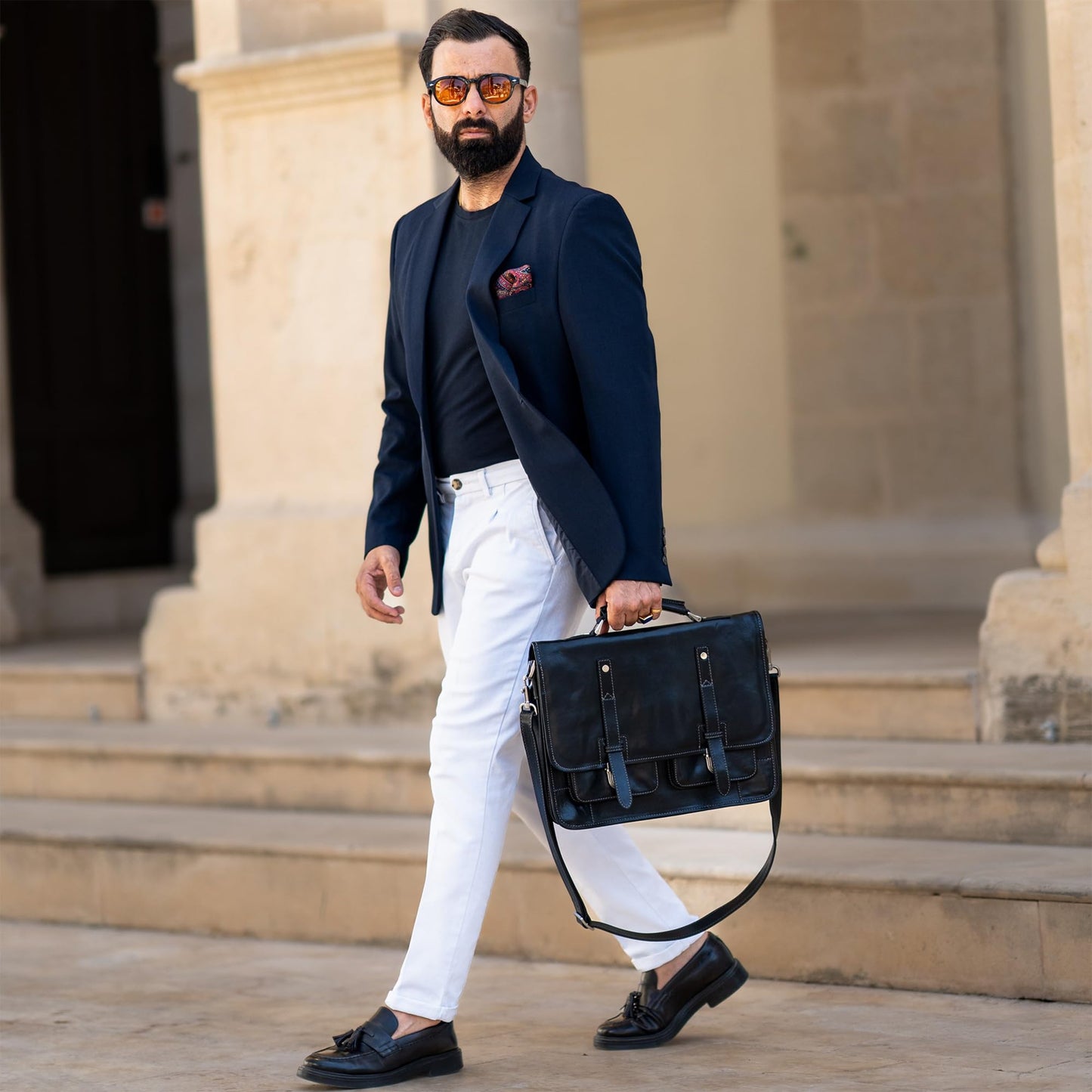 Time Resistance Leather Briefcase – Italian Handmade Leather Laptop Bag – Briefcase Convertible into Backpack (Black)