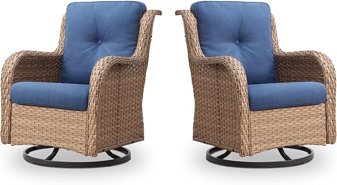 Belord Outdoor Swivel Rocker Patio Chairs - 360 Degree Swivel Glider Seating 350LBS Weight Capacity Wicker Rocking Chairs Set of 2 with Removable Cushion for Porch Balcony Deck, Yellow/Blue