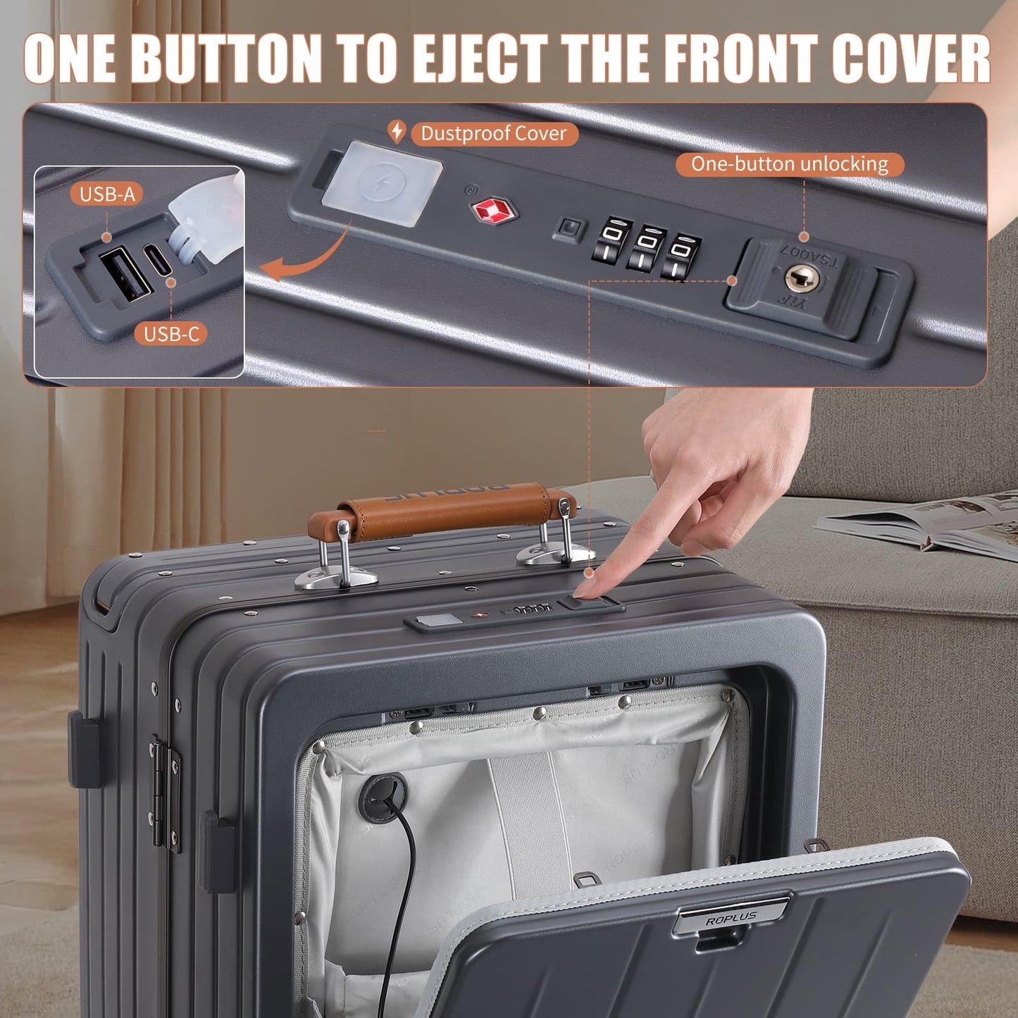 ROPLUS Carry On Luggage with Front Cover Compartment, Aluminium Frame Rolling Suitcase with USB Ports, Cup Holder, TSA Lock, Skate Wheels (WhiteGreen, 21-Inch)