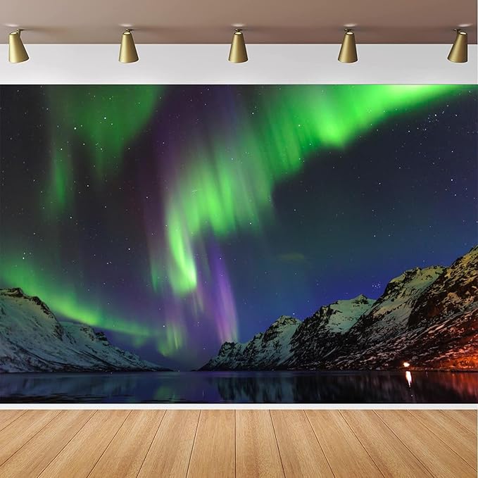 CapiSco Northern Lights Backdrop 7x5FT Arctic Snow-Capped Mountains Lake Scenery Northern Lights Landscape Polar Lights Ba...