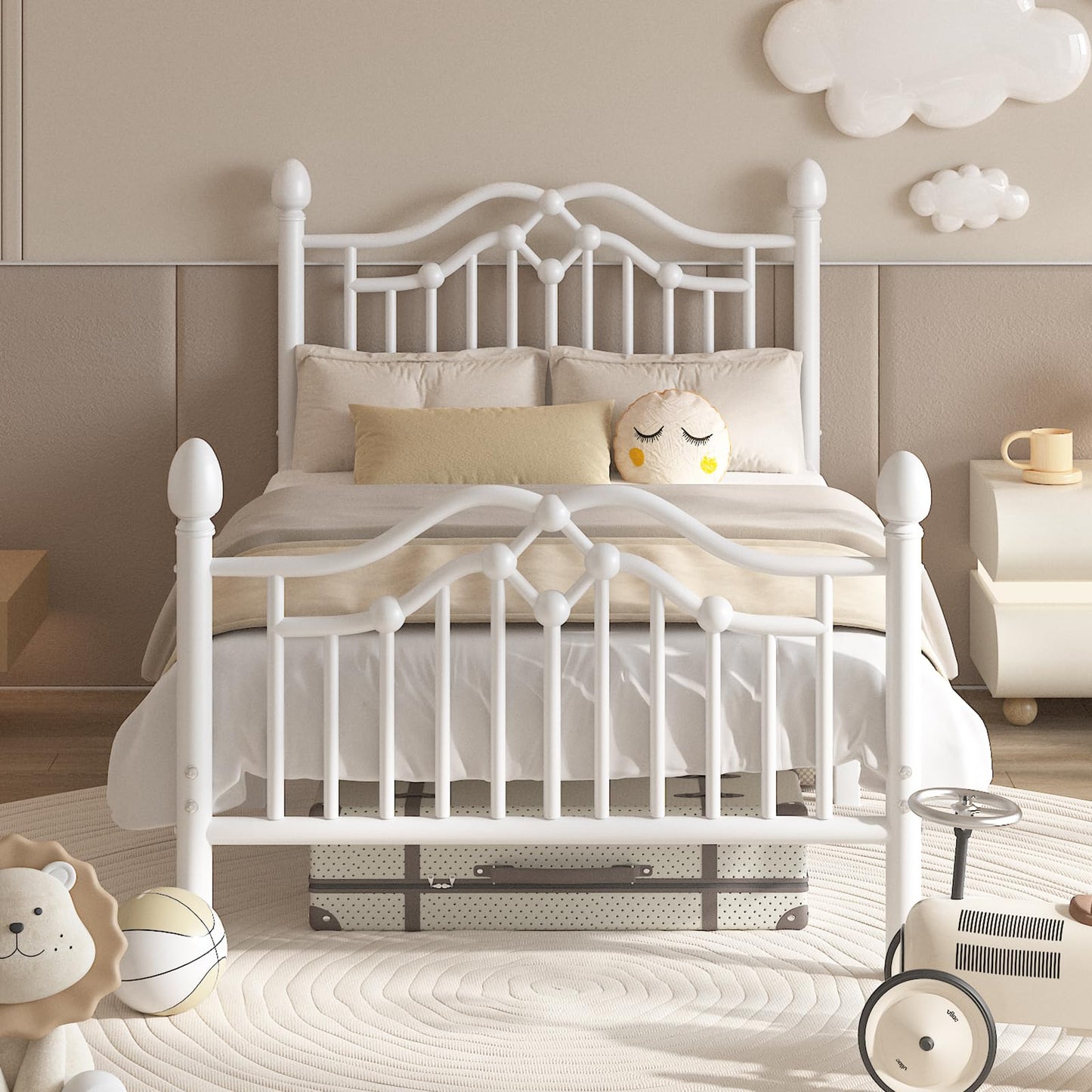 LoVinson Twin Bed Frame with Headboard and Footboard, Modern Metal Platform Bed Frame for Kids, Support Up to 800LBS, No Box Spring Needed, Noise Free, Easy Assembly, White