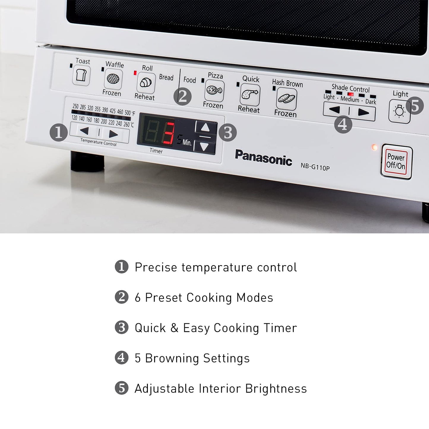 Panasonic FlashXpress Toaster Oven Countertop, 4-Slice Compact Size with Double Infrared Heating, 6 Auto Cook Options and Precise Temperature Control, 1300W - NB-G110P-W (White)
