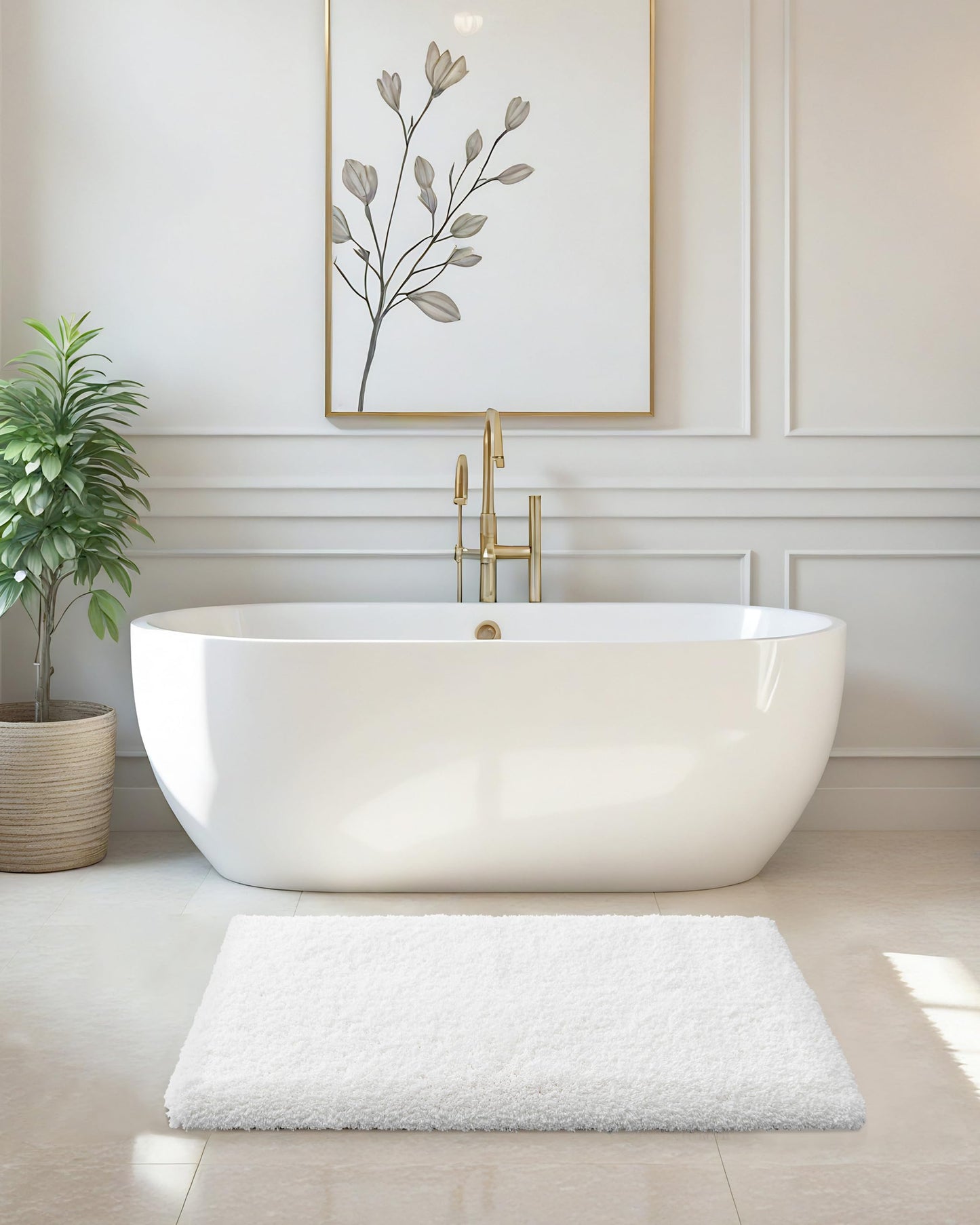 ILANGO White Bathroom Rugs 24" × 17" Small Non Slip & Super Absorbent Extra Thick Soft, Washable Bath Mat for Floor, Non Shedding Microfiber Plush Shaggy Bath Rug for Bathtub Shower Room Sink