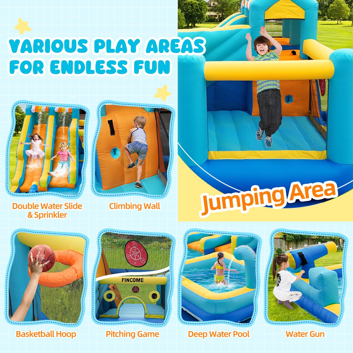 FINCOME Inflatable Bounce House, 10 in 1 Double Water Slide Bounce House with 750W Blower, Climbing Wall, Jumping, Water Gun, Splash Pool, Basketball Hoop for Kids Indoor Outdoor Backyard