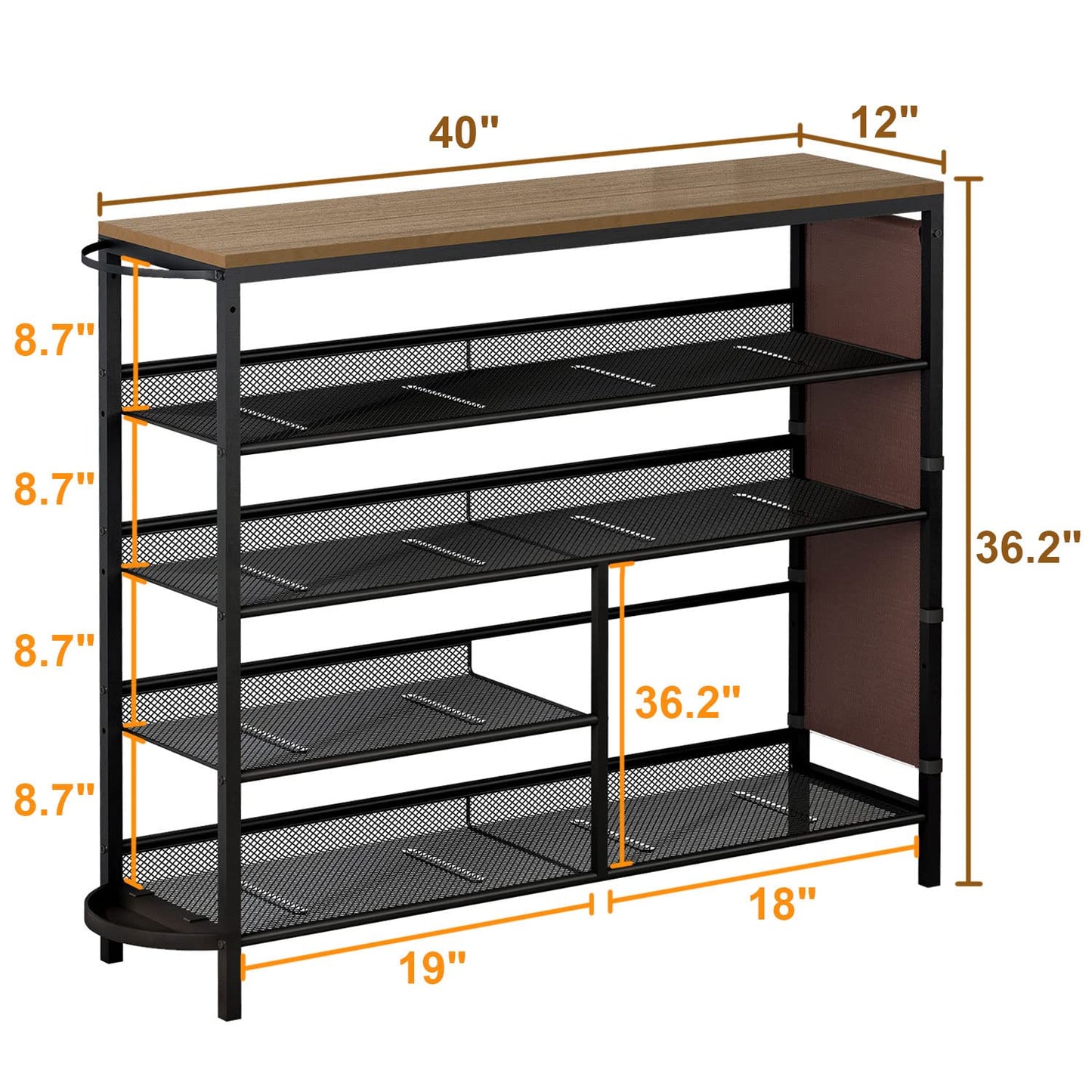 Bonzy Home 5-Tier Shoe Rack for Entryway, Shoe Shelves for 21 Pairs, Flat & Slant Adjustable Shoe Storage Organizer for Entryway with Wood Top, Side Pockets, Umbrella Holder, Metal Mesh
