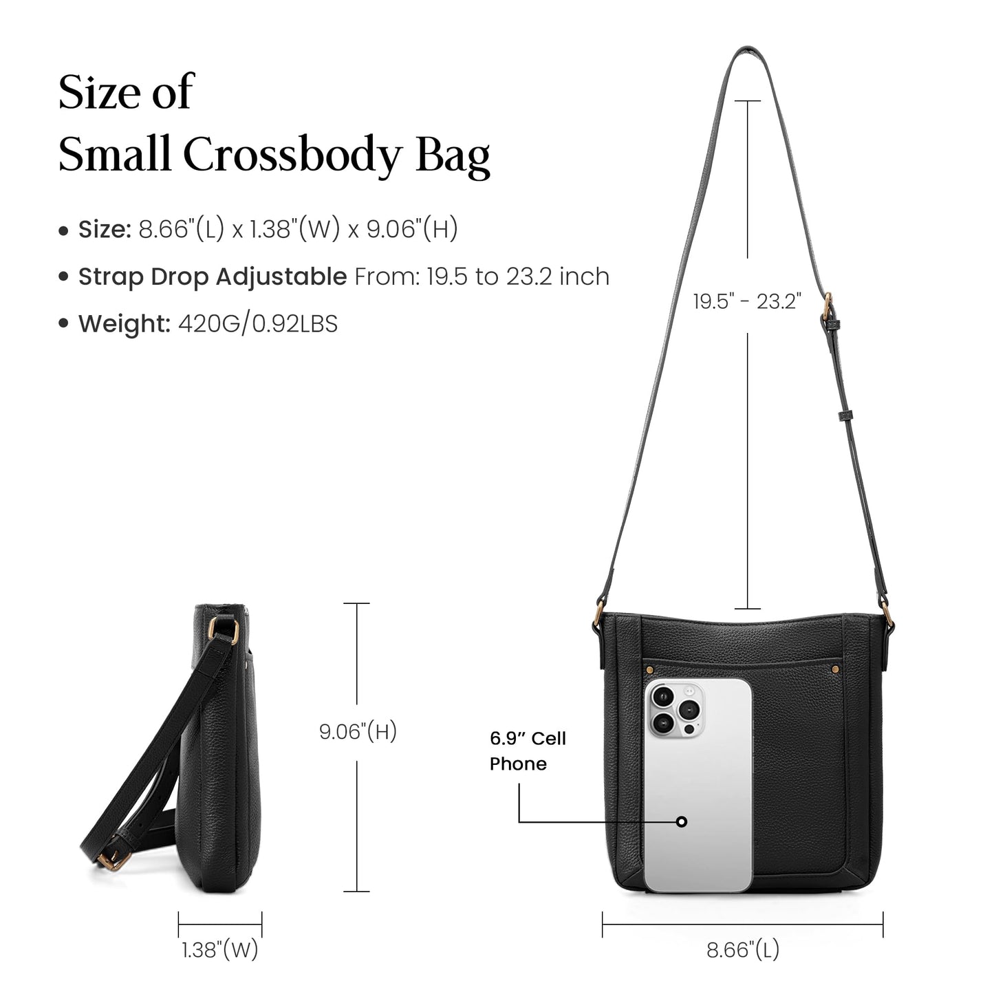 befen Black Genuine Leather Small Crossbody Bags for Women, Womens Cross Body Purse Shoulder Bag Handbags with RFID Blocking Card Slots for Daily & Travel
