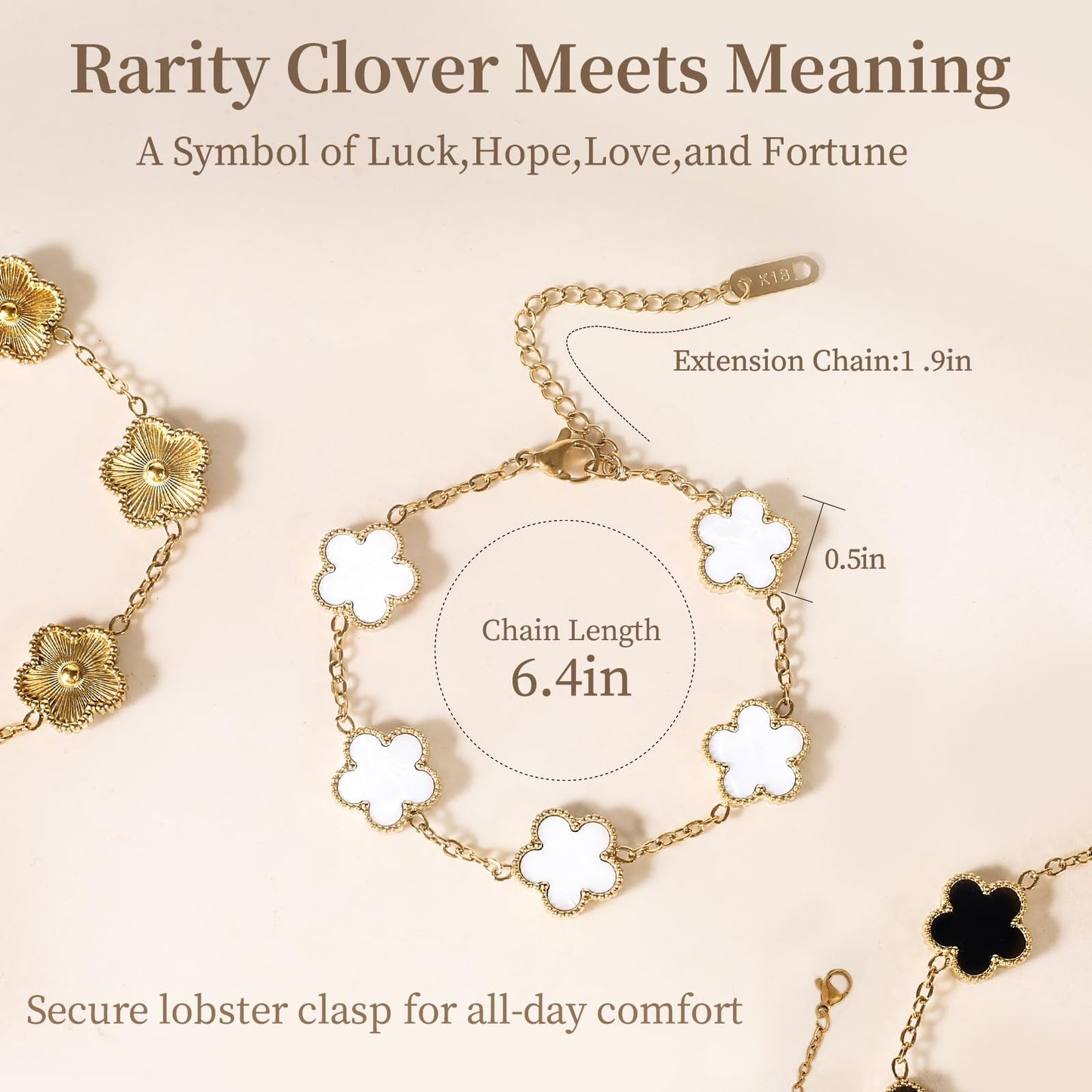 GRBeid 18K Gold Plated Clover Bracelet Dupes Gold/Black/White Bracelet Set for Women Flower Leaf Lucky Clover Bracelets Trendy Danity Jewelry Birthday Gifts for Women/Mom/Friends/Sister/Besties