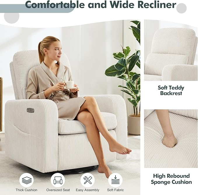 AEMEIOS Swivel Rocker Recliner, Oversized Power Recliner Glider with Removable Cushion, Upholstered Swivel Reclining Nursery Chairs for Living Room Bedroom, Corduroy White
