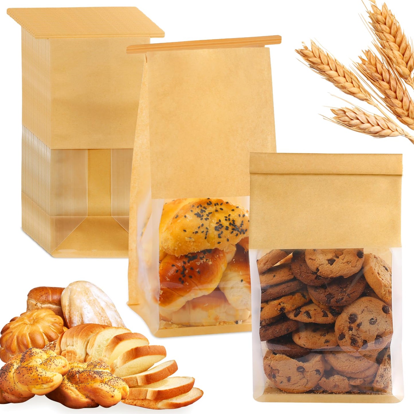 HONKID Bread and Cookie Bags with Seal, 50 Pack 11 x 5.1 x 3.9 Inches Bakery Bags with Window Reusable Tin Tie Tab Lock for Sealed Baked Goods Packaging for Pastry Bagels Breads Goodies Cookie Brown