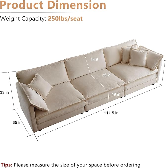 mikibama Luxury Modular Sectional Sofa, 111.5" Modern Chenille Comfy Cloud Couches for Living Room Office, 3 Seater Deep Sofa with 2 Armrest Pillows and 3 Toss Pillows, Light Coffee