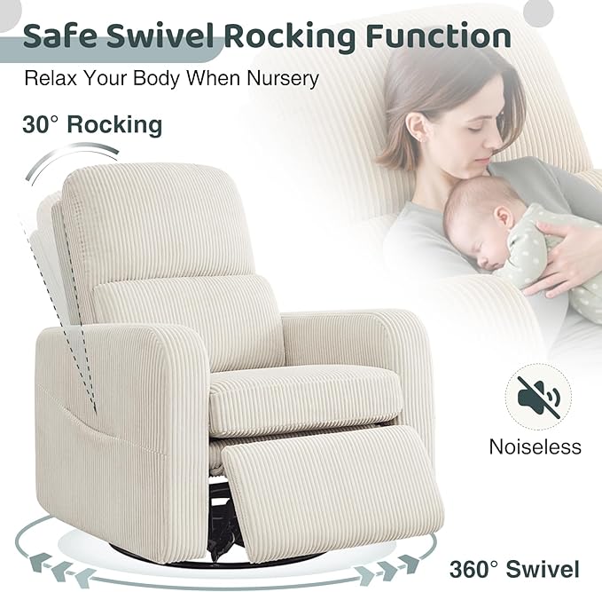 AEMEIOS Swivel Rocker Recliner, Oversized Manual Nursery Glider Rocking Recliner Chair with Removable Cushion, Upholstered Swivel Reclining Chair for Nursery Living Room Bedroom, Corduroy White