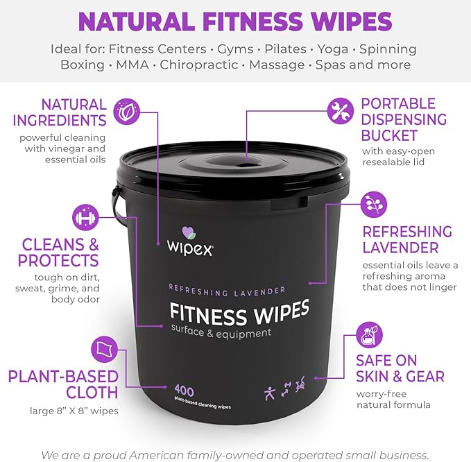 Wipex Gym Wipes Bundle - Get 2 Buckets (1) Lavender Plant-Based Fitness Equipment Wipes & (1) Sanitizing BZK for Skin, Great for Gyms, Yoga Studios, Home, Fitness Centers, 400 Ct (Pack of 2)