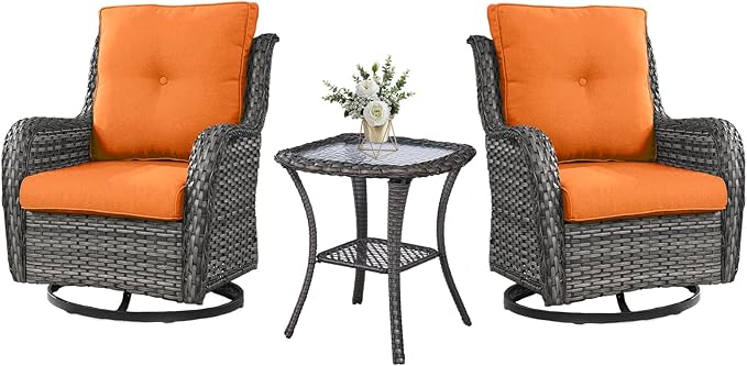 Belord Outdoor Swivel Rocker Wicker Chairs Set of 3, High Back Swivel Patio Chairs Wicker Furniture Set, 2 PCS Rattan Swivel Rocking Chair with Side Table, Orange Cushion