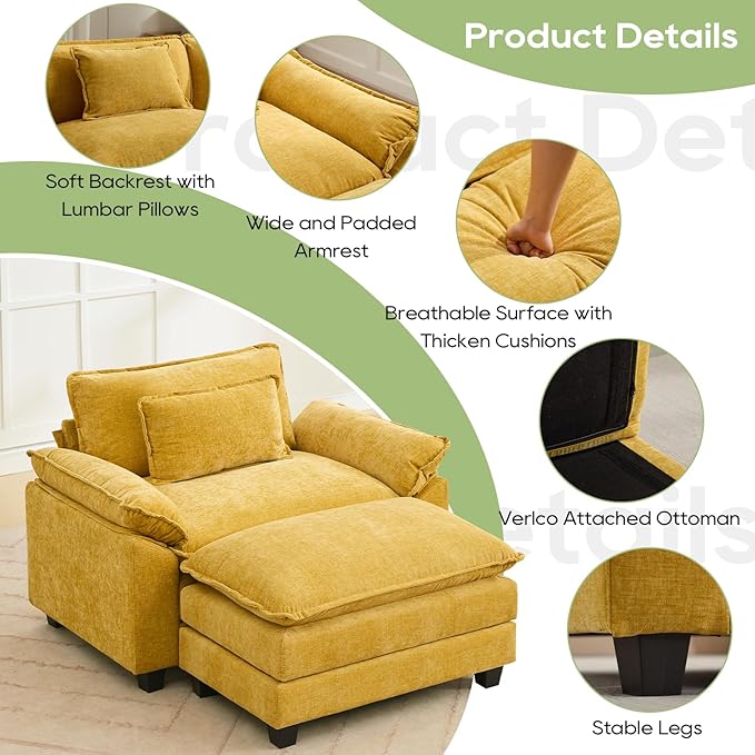 Oprisen 53" Modular Sectional Sofa, Comfy Cloud Couch Sectional Sofa with Ottoman, Chenille Sofa Sleeper Deep Seat Sofa with Throw Pillows for Living Room (Yellow)