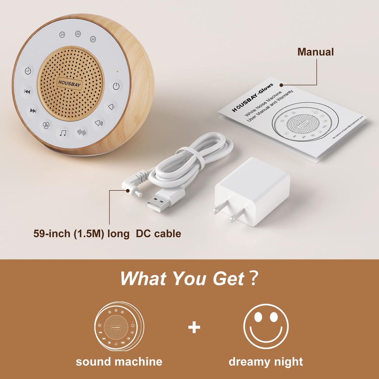 Housbay White Noise Sound Machine for Sleeping, 31 Soothing Sounds, Small Sleep Machine for Adults, Wood Grain Design for Bedroom & Noise Canceling