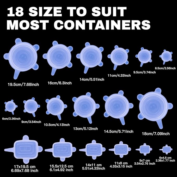 Reusable Silicone Stretch Lids – 18PCS Round & Square Stretchy Food Covers, Airtight & Leakproof, Microwave & Dishwasher Safe Blue