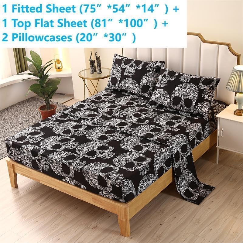 SDIII 4PCS Sugar Skull Sheets Set Full, Gothic Bedding Sheet Set, Flower Skeleton Full Size Sheet Set, Goth Skull Floral Sheets Full for Halloween
