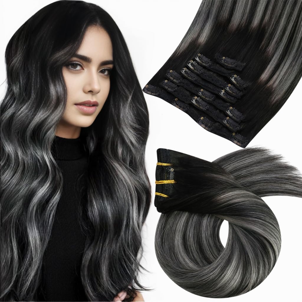 Moresoo Clip in Hair Extensions Black Ombre Grey Remy Double Weft Hair Extensions Clip ins Real Human Hair Balayage Black and Si