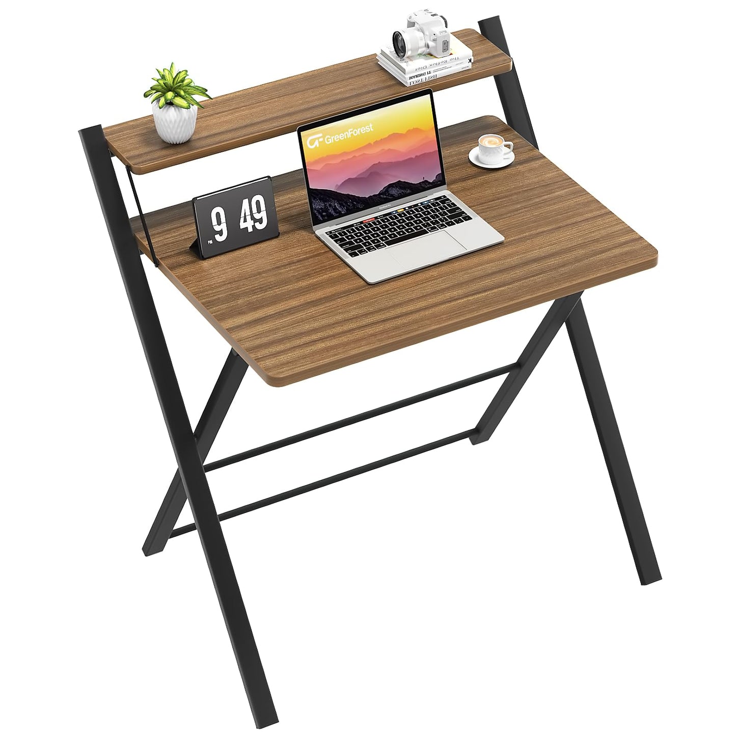 GreenForest No Assembly Folding Desk, 2-Tier Compact Computer Desk with Shelf, Space Saving Foldable Table for Home Office, Dorm or Apartment, Portable Collapsible Sturdy Laptop Desk, Espresso