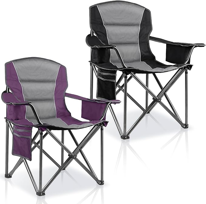 LANMOUNTAIN 2 Pack Padded Oversized Camping Chairs for Adults,Heavy Duty Support 400 Lbs,Folding Portable Lawn Chair w/Cup Holder,Cooler Bag,Side Pocket,Perfect for Outdoor Picnic,Hiking(Purple&Black)