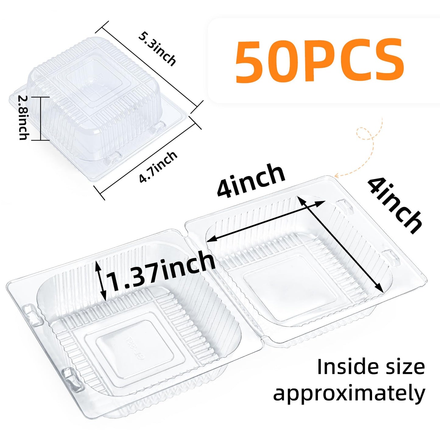Evnlo 50 Count Clear Plastic Containers with Lids for Food, Thickened Disposable Sandwich Containers Clamshell Boxes for Cake Slice, Dessert, Hamburger, Salad