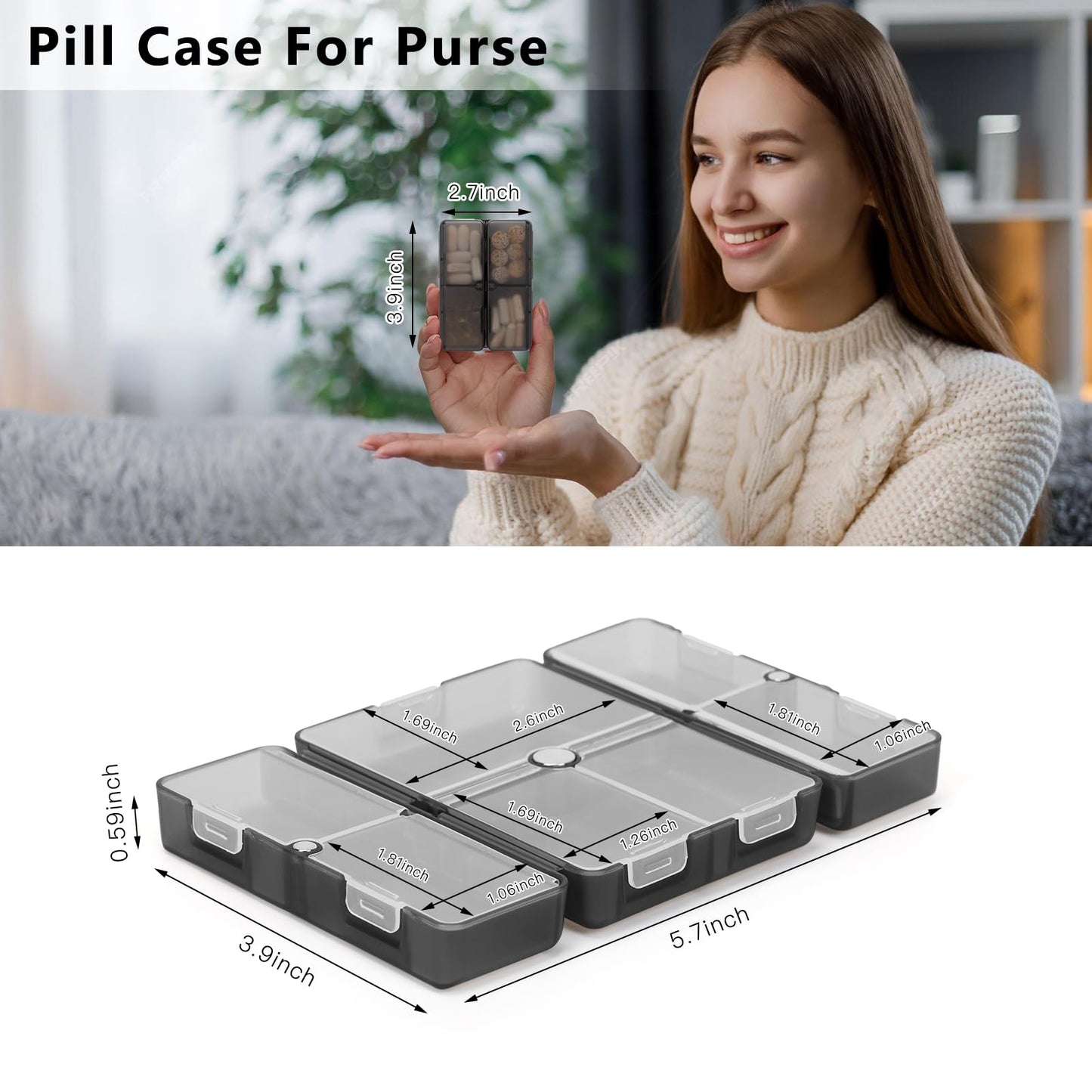 FYY Daily Pill Organizer,2 Pcs 7 Compartments Portable Pill Case Travel Pill Organizer,[Folding Design] Pill Box for Purse Pocket to Hold Vitamins,Cod Liver Oil,Supplements and Medication-Clear Black