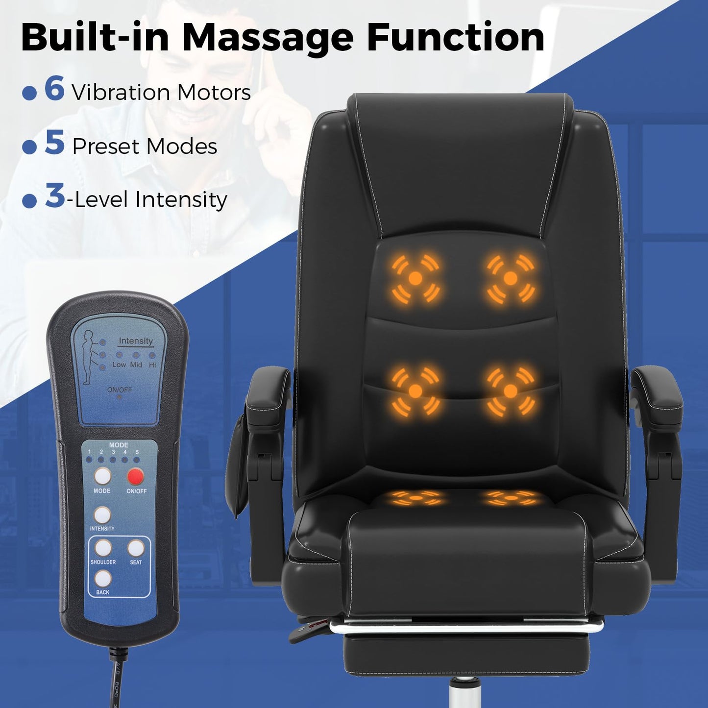Giantex Massage Adjustable Executive Chair - 400 LBS Big and Tall Office Chair with Linkage Armrests, High Back Leather Swivel Computer Task Chair, Large Ergonomic Reclining Home Office Chair (Black)
