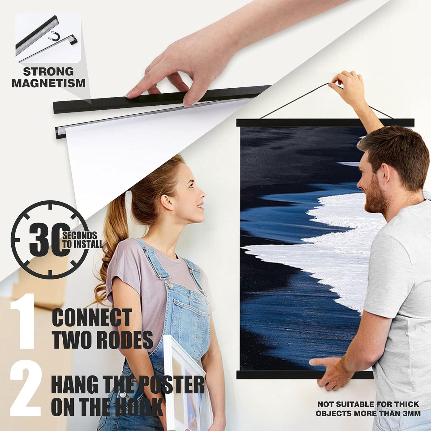 Ywlake Magnetic Poster Hanger, 24x36 24x18 24x32 Poster Frame Wood Wooden Magnet Print Posters Dowel Scroll Hanger Hangers Hanging Kit for Walls Map Canvas Artwork (Black, 24")