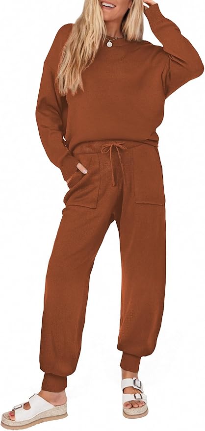 Ekouaer Women's 2 Piece Lounge Set Long Sleeve Knit Pajamas Sweatsuit Jogger Pant Outfits With Pockets S-XXL