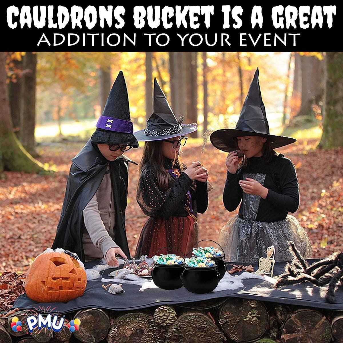 PMU 3pc - 6inch Halloween Cauldron - Blow Mold Plastic Party Accessory - Candy Holder for Kids - Halloween Party Favors & Supplies - Black (3/Pkg)