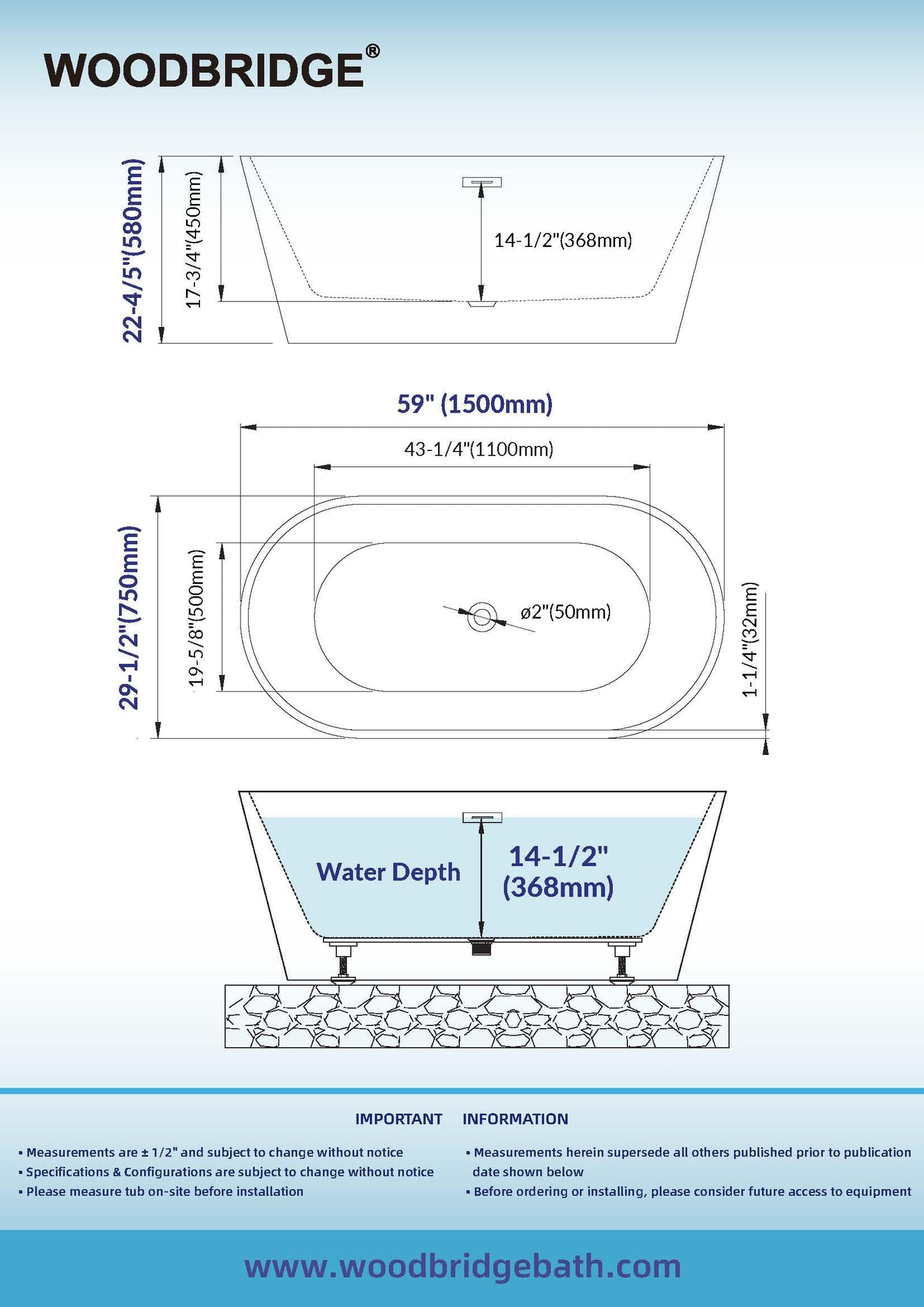 WOODBRIDGE 59" Acrylic Freestanding Bathtub Contemporary Soaking White Tub with Chrome Overflow and Drain