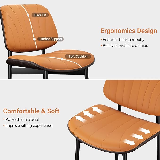 YaFiti Dining Chairs Set of 4, Mid Century Modern Dining Room and Kitchen Chairs, Upholstered PU Leather Chairs with Walnut Bentwood and Metal Legs, Orange