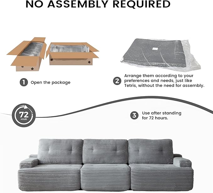 110" Boneless sectional Couch for Living Room,Convertible L-Shape Couches with Ottoman, Cloud Modular Sofa with Deep Seat for Bedroom, Cloud Corduroy, No Assembly,Grey