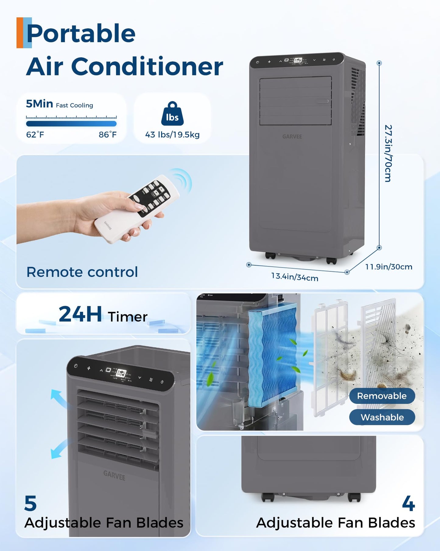 Garvee 8000 BTU Portable Air Conditioner,Up to 350 Sq.Ft. Remote Control 48dB Portable AC Unit, Dehumidifier, Fan, Sleep, 24H Timer&Installation Kit, DOE Certified, Ceer 6.2,Grey+Black Panel