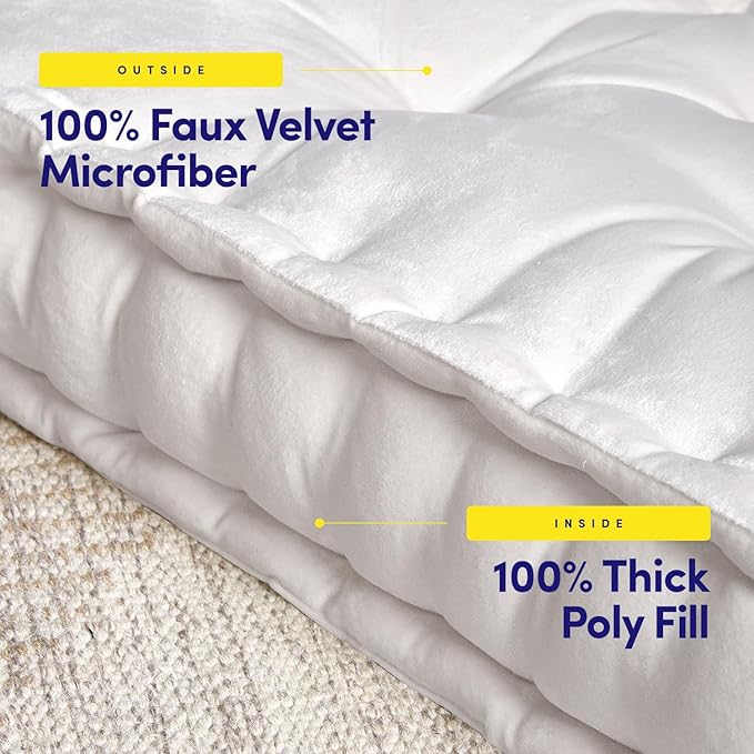 Floor Pillow Large Square Tufted Decorative Cushion 20" x 20" Faux Velvet Fabric Ultra Thick Fill for Kids and Adults, 1 Pack, Ivory