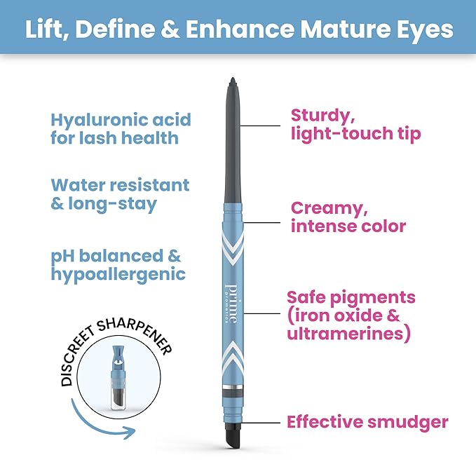 PRIME PROMETICS PrimeEyes Glide Eyeliner for Mature Women – Water-Resistant, Long-Stay and Mess-Proof – Gel Cream Texture, Discreet Sharpener and Effective Smudger (Sapphire (blue))