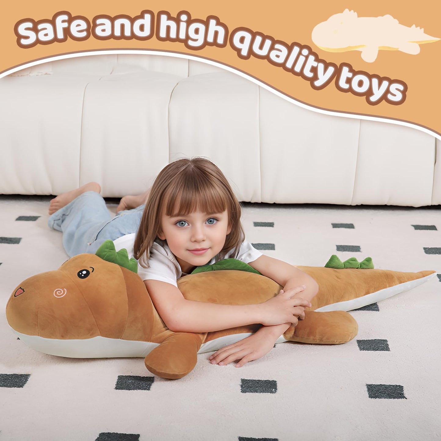 32" Giant Dinosaurs Plush Toy Pillow, Cute Dinosaur Stuffed Animals Doll, Soft Back Cushion Big Brown Dinosaur Plushies, Gift for Kids Boys, Birthdays