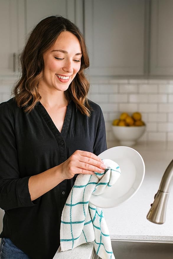 100% Cotton Terry Dish Cloth & Dish Towel (Teal, Dish Towel - 4 Pack(Checks))