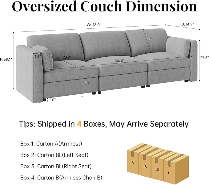 CUGOAO 118'' Modular Sectional Sofa, Oversized, Sectional Couch, Deep Seat Chenille Cloud Couch Sofa, Removable Cover, Mordern Upholstered Couches for Living Room, Apartment, Office, Grey