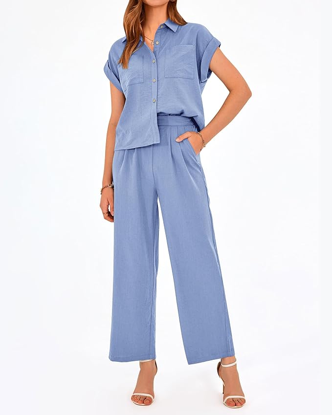 PRETTYGARDEN Womens 2 Piece sets Summer Cap Sleeve Tops Palazzo Pants Dressy Casual Vacation Travel Outfits Tracksuits