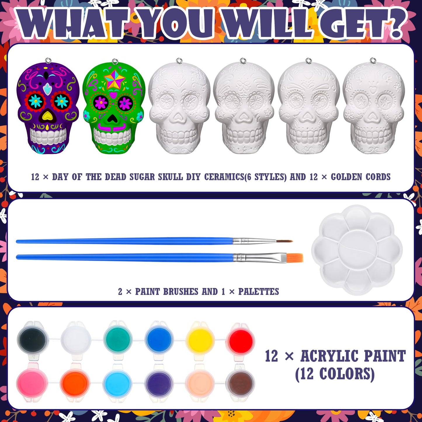 RoundFunny 12 Pcs Day of The Dead Sugar Skull Crafts for Adults Ceramic to Paint 3D Statues Ornaments Ready to Paint Your Own Skull Figurines Unpainted Plaster for DIY Project Arts Activity Decor
