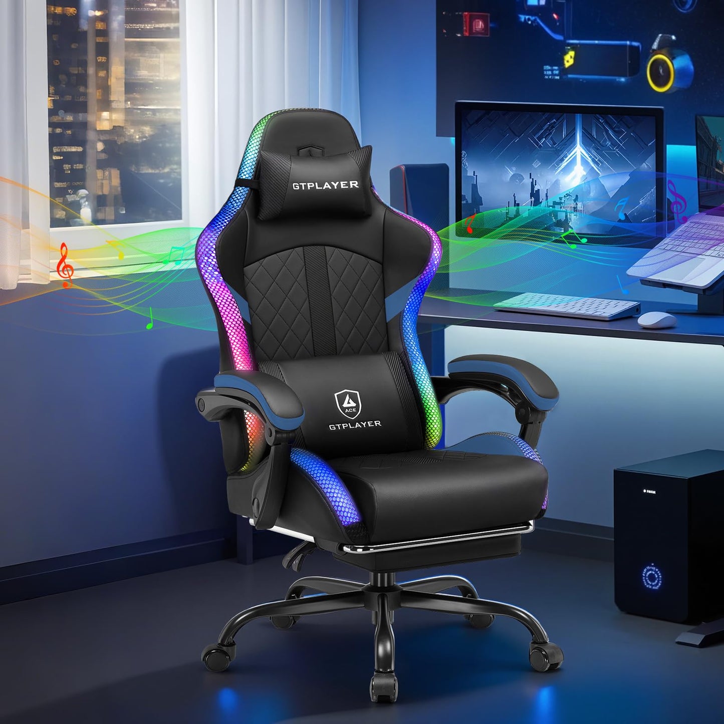 GTPLAYER Gaming Chair with Speakers, Computer Chair with RGB LED Lights, High Back Ergonomic Chair for Adults with Footrest, Reclining Office Chairs, Linkage Armrest, Black Blue