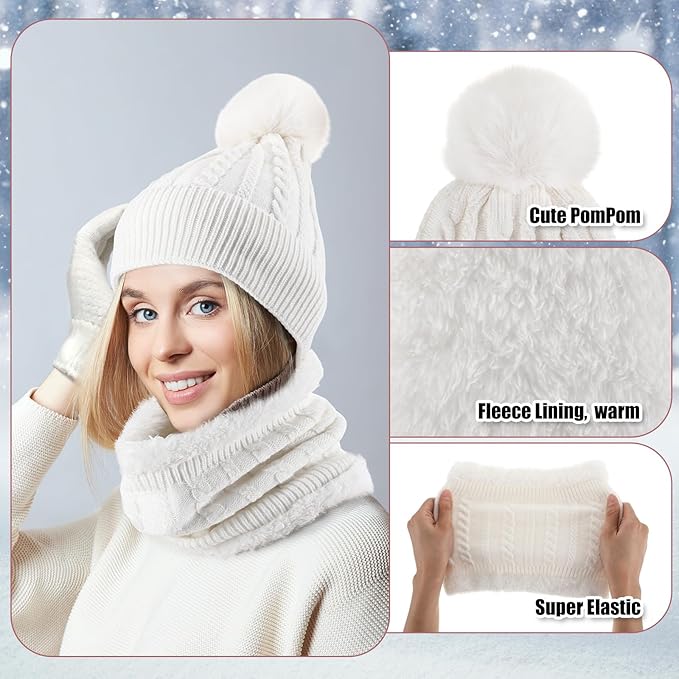 SATINIOR 5 Pcs Winter Hat Scarf Gloves Set Fleece Lined Knit Beanie Hat Warm Touch Screen Gloves Earmuff Warmer for Women(White,Beauty Style)