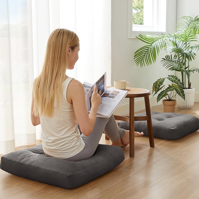 SM-XLHN Meditation Floor Pillow Set of 4, Square Large Pillows Seating for Adults, Meditation Cushion Pillow,Tufted Corduroy Cushion for Tatami Living Room or Yoga, Dark Gray, 22x22 Inch
