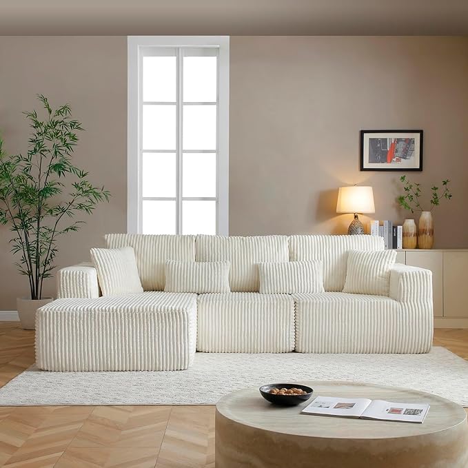 Vanress 110" Cloud Couch Sectional, Corduroy Boneless Couch with L-Shape Chaise,Modern Modular Sectional Sofa Comfy Deep Seat for Living Room, Bedroom, No Assembly (White, Left Facing Chaise)